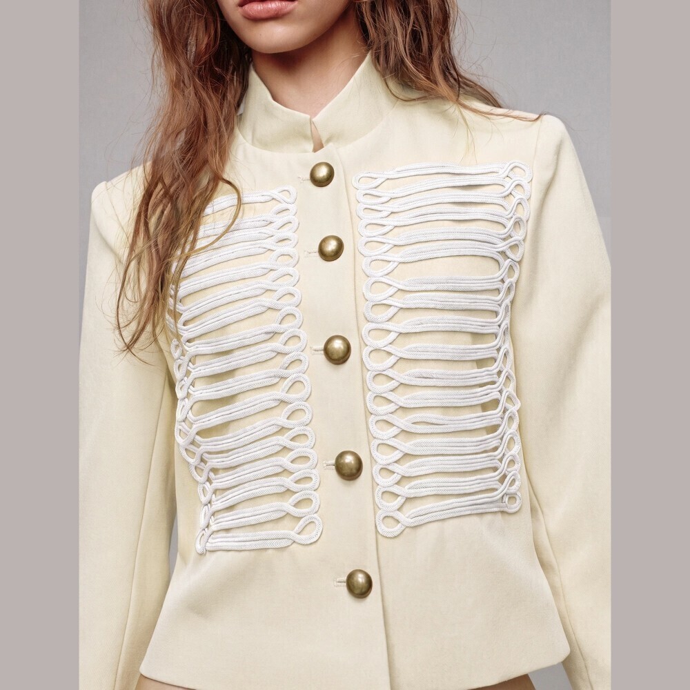 Cream Stand Collar Military Band Jacket w/ White Braided Cord Trim